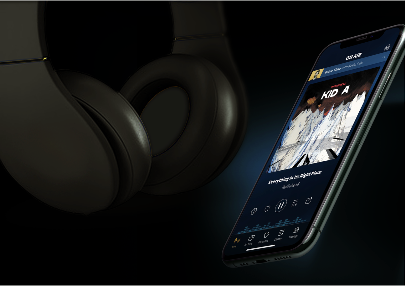Redesigned mobile app interface for a local radio station, with a modern main screen layout featuring a prominent play button, show details, and simplified navigation.